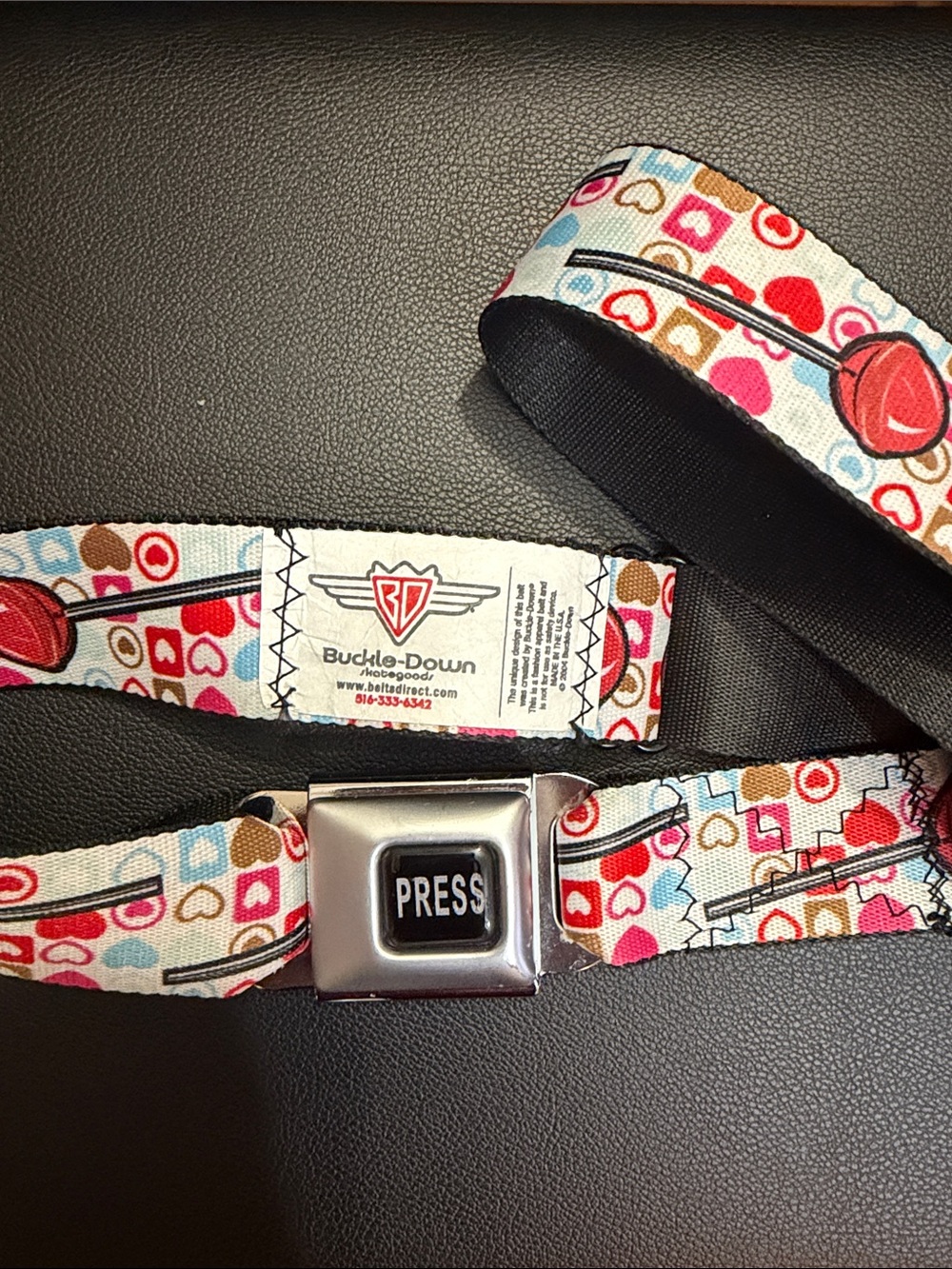 Buckle-Down Heart & Lollipop Seatbelt Belt - Red, Pink, Blue, Brown